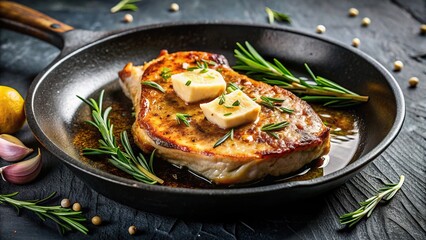bone-in, sizzling, minced, frying pan, sizzle, appetizing, delicious, food, melted, Pork cutlet on the bone sizzling in a frying pan with melted butter minced garlic and fragrant rosemary