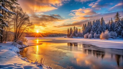 Sunset casting warm hues over a frozen lake surrounded by snow covered trees and a serene winter landscape, landscape, snow-covered trees, warm hues,sunset, serene, frozen lake