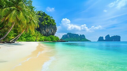 Fototapeta premium A stunning tropical beach scene with crystal-clear turquoise waters gently lapping against soft, white sand. Lush green palm trees sway in a light breeze, framing the beach. 