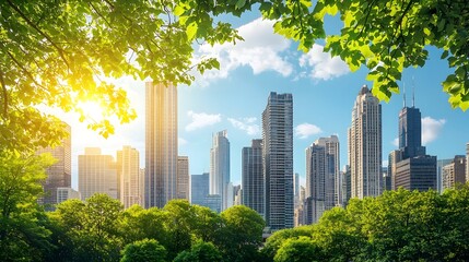 Majestic Urban Skyline with Towering Skyscrapers and Lush Greenery