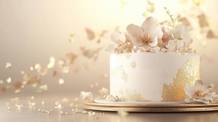 Realistic white and gold birthday cake with flower accents, on a smooth, softly lit background. Focus point, no people.