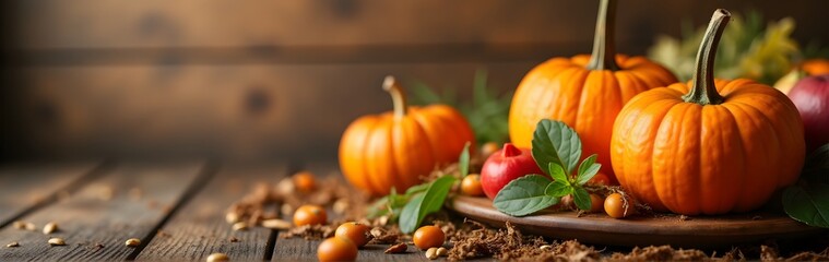 Pumpkins on a rustic wooden table, surrounded by herbs and autumn produce, creating a cozy fall scene