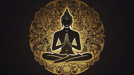 Gold detailed emblem featuring Lord Buddha in a yoga pose, set against a white background. This elegant design highlights the intricate details of the emblem and the serene posture of Buddha, 