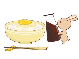たまごかけご飯に醤油をかけようとするウサギのイラスト