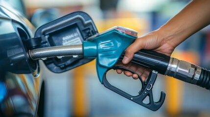 A person is refueling a car at a gas station, holding a gasoline pump nozzle inserted into the vehicle's fuel tank.