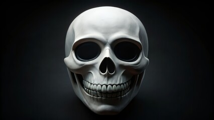 Fototapeta premium A chilling white skeleton mask with abyssal black eye sockets and razor-sharp teeth appears to stare menacingly out