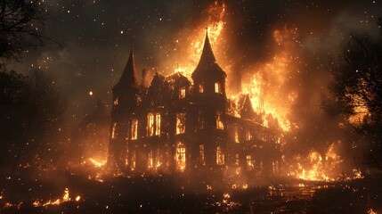 Naklejka premium Mansion being devoured by fire, night sky ablaze with sparks, ash raining down, windows cracking from the heat, a haunting sight of destruction