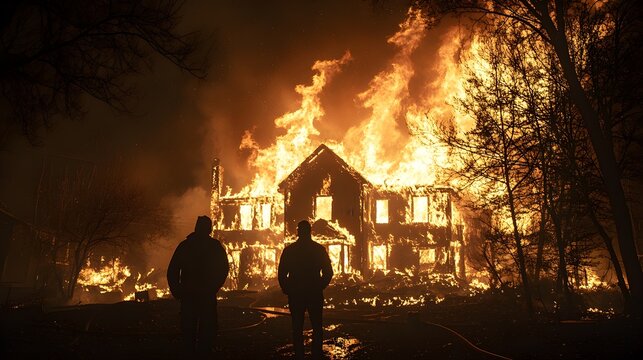 Massive house fire at night, shadows of a family watching helplessly from afar, flames licking the night sky, somber insurance scene