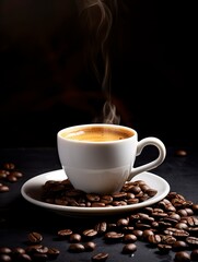 Fototapeta premium International Coffee Day. White coffee cup stock image. White coffee cup on dark background. Cup of coffee with coffee beans. Coffee Day poster, October 1. with generative ai