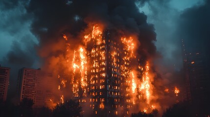 Fototapeta premium Nighttime cityscape with a large apartment building engulfed in flames, intense fire bursting through windows, thick smoke rising into the dark sky, dramatic scene
