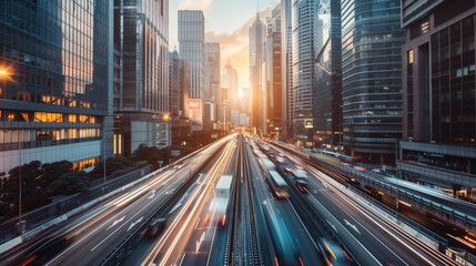 Fototapeta premium Stunning Timelapse of Busy Urban Highway in Downtown City at Sunset