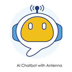 Vector icon for AI Chatbot with Antenna. symbolizing wireless communication in a minimal blue and yellow style.