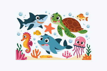 cute cartoon ocean underwater animals vector illustration, an underwater world with sea ocean animals.