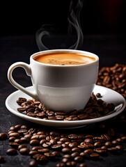 Obraz premium International Coffee Day. White coffee cup stock image. White coffee cup on dark background. Cup of coffee with coffee beans. Coffee Day poster, October 1. with generative ai