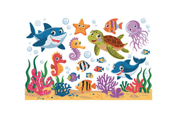cute cartoon ocean underwater animals vector illustration, an underwater world with sea ocean animals.