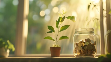 A small potted plant sits beside a jar filled with coins on a windowsill, illuminated by warm sunlight streaming through the window.