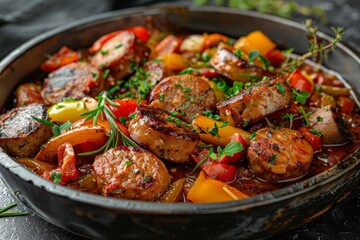 A dish of Italian sausage and peppers in a rich tomato sauce