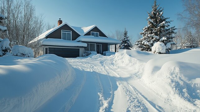 Close up view of a pile of snow being cleared from the driveway of a modern single-family home after a snowstorm. Ai generated image