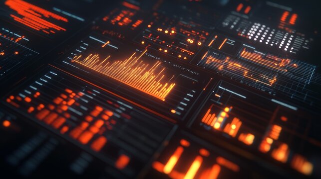 Digital interface showcasing glowing orange data visualizations, charts, and graphs, highlighting statistical information and analytics on a futuristic dashboard.