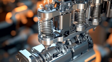 Naklejka premium Close-up view of a complex automotive engine component, showcasing metallic parts, springs, and bolts in a well-lit, detailed mechanical assembly.