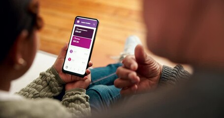 Grandparent, girl and piggy bank with smartphone in home on internet for saving tips and knowledge. People, family and discussion or teaching on sofa for budgeting, finance and child development