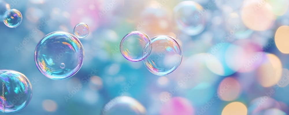 Aufkleber soap bubbles with colorful bokeh background, abstract light concept