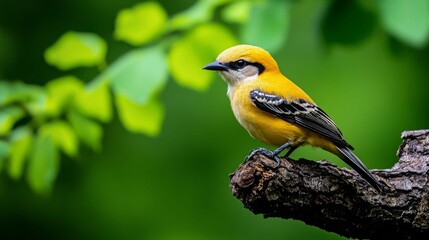 A small bird with a striking yellow and black plumage perched on a tree branch, surrounded by green foliage.