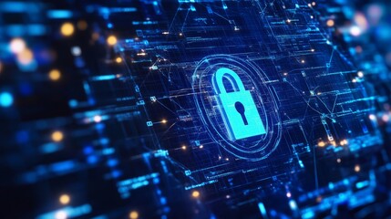 Digital Security Concept with Holographic Lock on Network Background