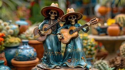 Skeleton decorations posed in playful scenes, like a skeleton couple dancing or playing instruments