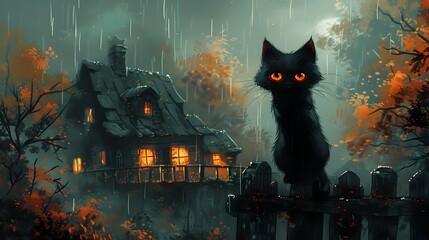 12. A black cat with glowing eyes sitting on a fence in front of a haunted house