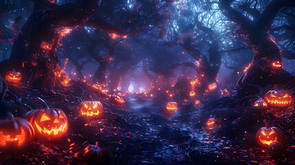 Fototapeta premium 29. A spooky forest with twisted trees and glowing jack-o'-lanterns