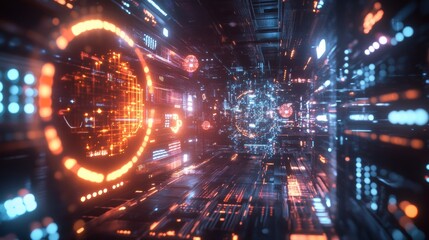 A futuristic digital corridor with glowing circuits, holographic displays, and vibrant data streams, evoking a high-tech cyber environment or sci-fi universe.