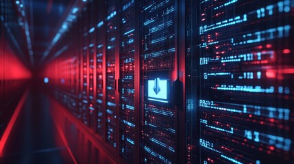 Server Room Data Center with Download Icon and Red Blue Lights