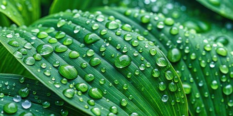 Large green leaves covered with water drops after rainfall in summer, foliage, nature, tropical, lush, greenery, wet