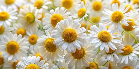 Fototapeta premium Chamomile flower texture background with fresh Matricaria chamomilla flowers blooming, chamomile, flower