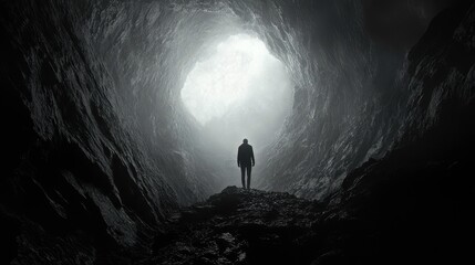 A shadowy figure standing at the entrance of a cave, [fear of the unknown], [journey into darkness]