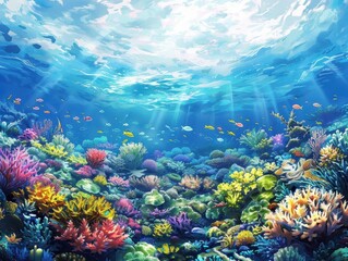 Fototapeta premium Vibrant underwater scene showcasing colorful coral reefs and diverse marine life in crystal clear water.