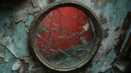 A mirror cracked in several places, reflecting a distorted face, [broken identity], [loss of self]