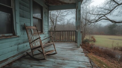 An old rocking chair creaking on an empty porch, [loneliness], [abandoned homes]