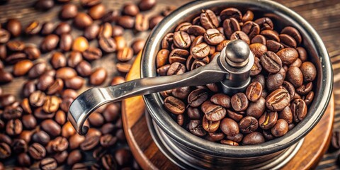 Fototapeta premium Coffee beans inside a coffee grinder on background, coffee beans, coffee grinder, isolated, background, beans, beverage