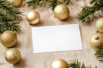 A mockup of an A5 card on a table, with a white background. Christmas decorations in gold and beige tones surround it, including pine branches with pine cones and ornaments