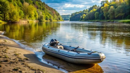 Obraz premium Rubber boat with electric motor parked on river bank , fishing tackle, boat, rubber, electric motor, river, bank