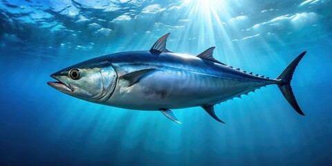 Naklejka premium Beautiful bluefin tuna swimming in clear saltwater ocean , bluefin tuna, Thunnus thynnus, saltwater fish, underwater