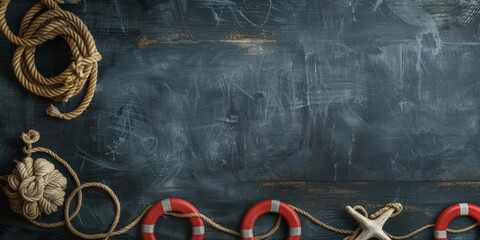 maritime-themed classroom display, nautical-themed items ropes and lifebuoys on blackboard against day of the seafarer backdrop, with room for text