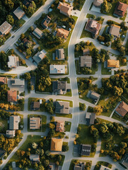 houses neighborhood aerial view streets rooftops greenery suburbia residential area urban landscape city planning community roadways homes street grid nature
