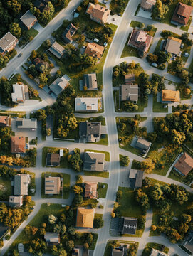 houses neighborhood aerial view streets rooftops greenery suburbia residential area urban landscape city planning community roadways homes street grid nature