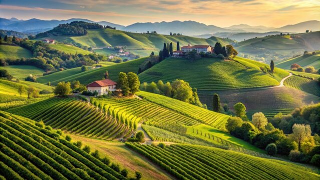 Rolling hills and vineyards in the picturesque Friulian landscape of Fagagna, Italy, Fagagna, Italy