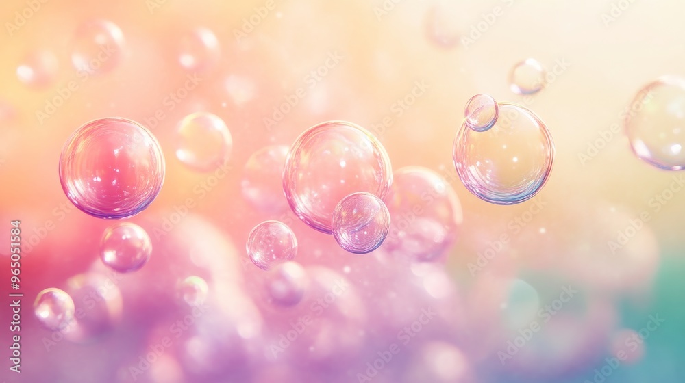 Poster colorful soap bubbles floating in soft pastel background