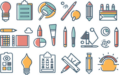 Art, creativity and graphic design related editable stroke outline icons set isolated on white background flat vector illustration
