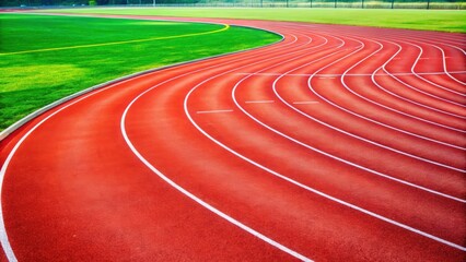 Close-up of an empty red running track curving around a vibrant green field in a stadium, stadium, track, running, red